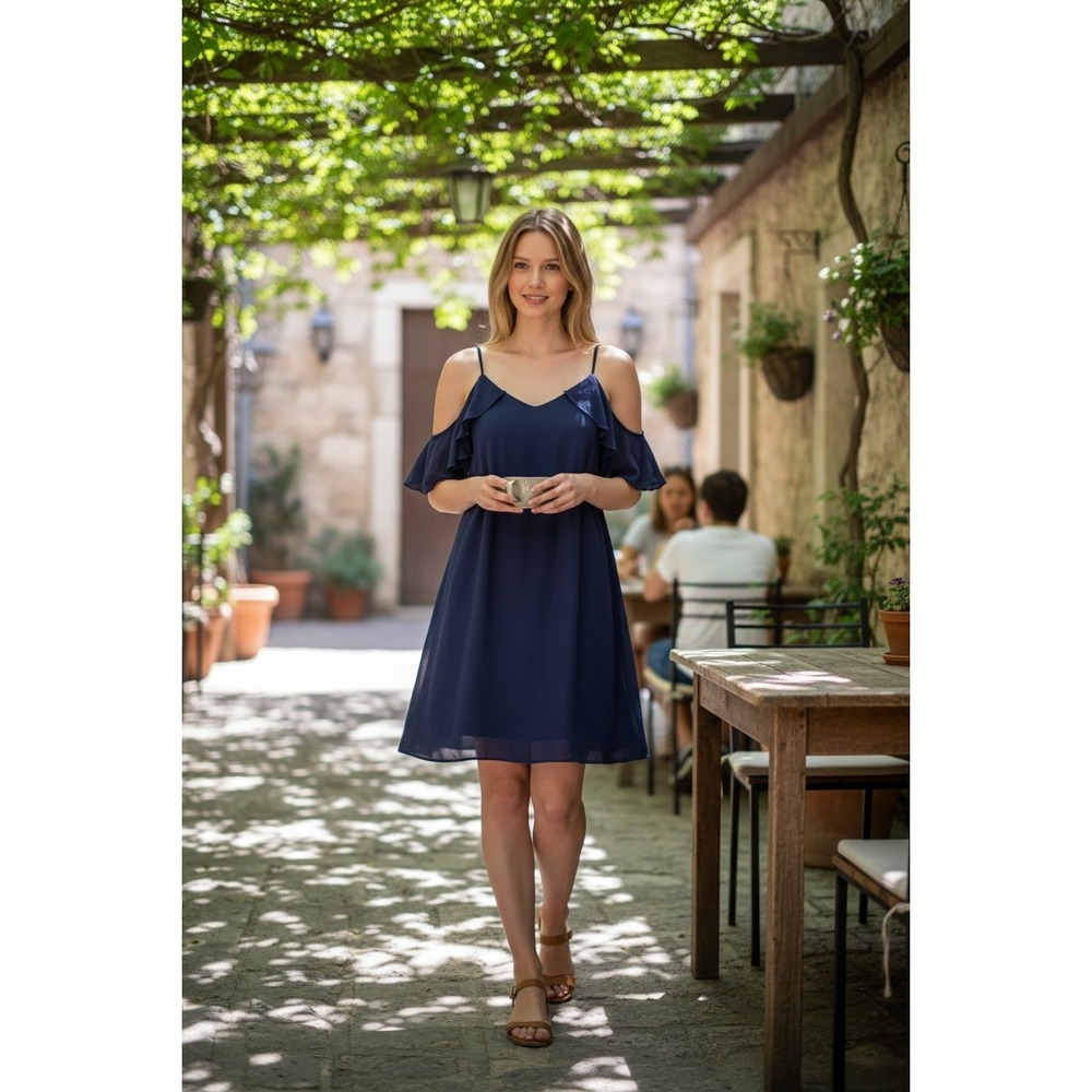 ABS‎ Navy NWT Cold Shoulder Dress Women's L Flowy A-Line Flutter Sleeve Mini